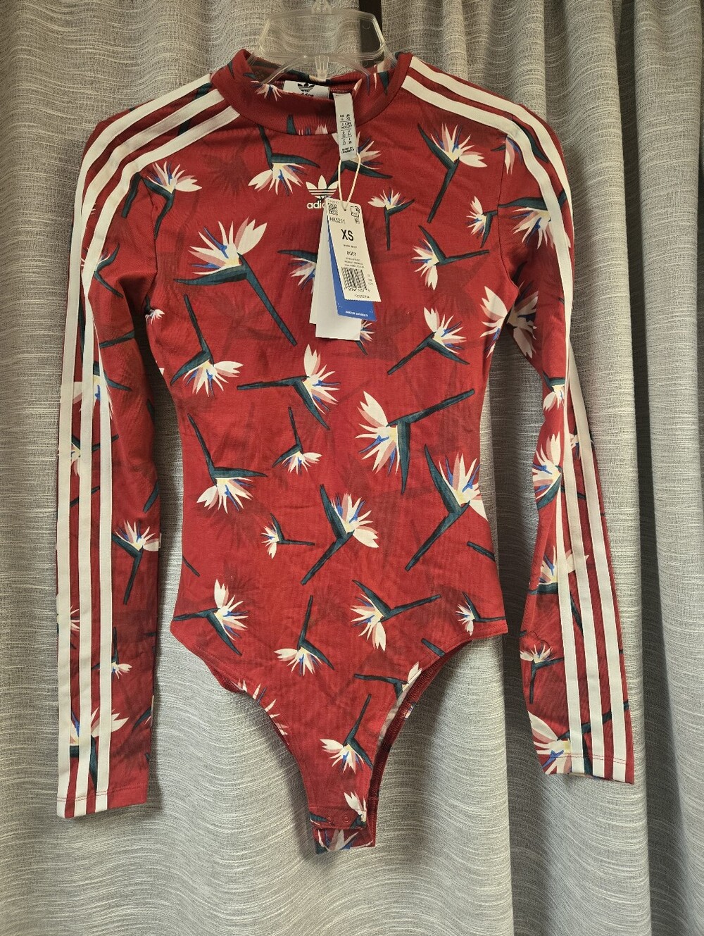 Adidas Originals x Thebe Magugu Womens XS Red Floral Print Bodysuit Shirt Top